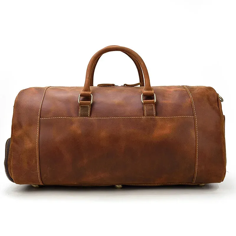 Mens Leather Shoulder Duffel Bag, Shoe Compartment, Removable Strap