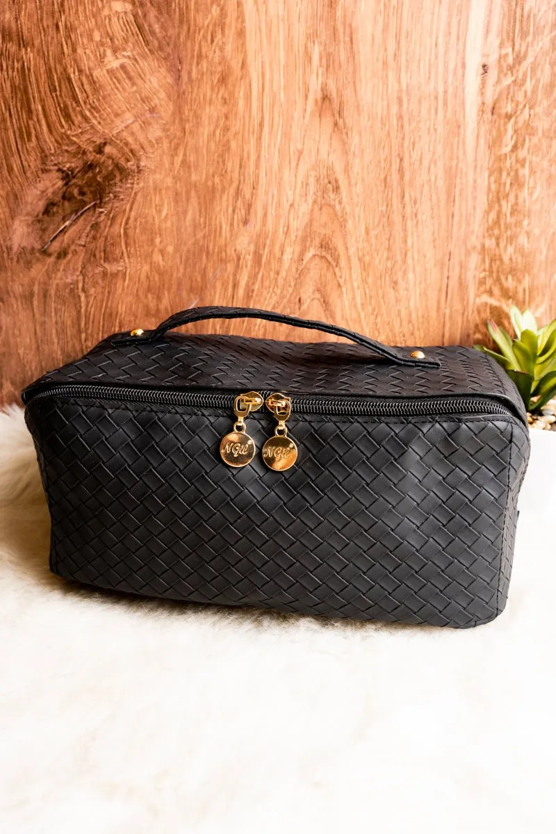 NGIL Morning Ready Woven Black Large Expandable Cosmetic Bag