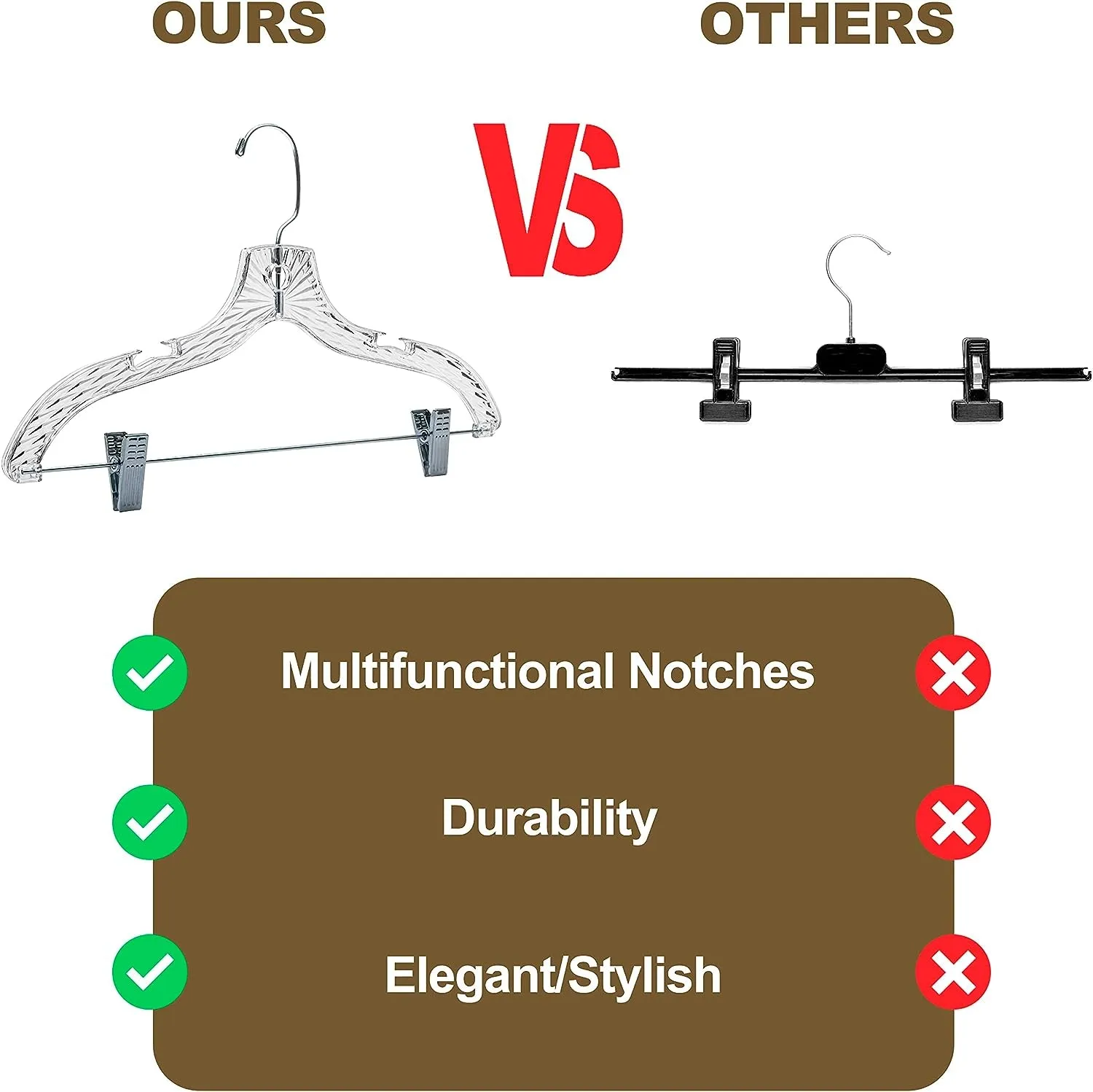 Quality Hangers 12 Pack Clear Plastic Skirt Hangers - Crystal Cut Pants Hangers - Durable Plastic Hanger Set - Dress Hangers with Adjustable Clips - Heavy Duty Hangers