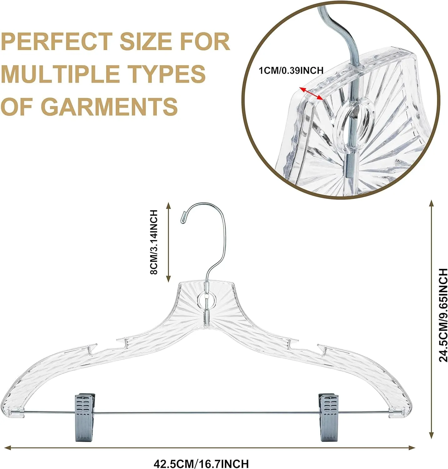 Quality Hangers 12 Pack Clear Plastic Skirt Hangers - Crystal Cut Pants Hangers - Durable Plastic Hanger Set - Dress Hangers with Adjustable Clips - Heavy Duty Hangers