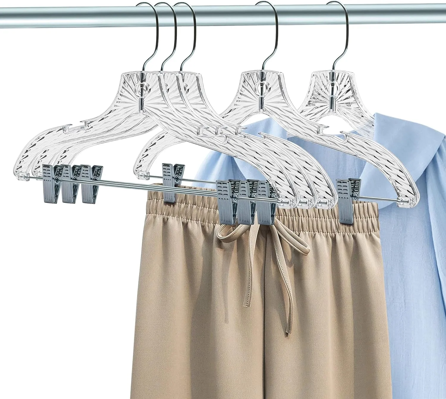 Quality Hangers 12 Pack Clear Plastic Skirt Hangers - Crystal Cut Pants Hangers - Durable Plastic Hanger Set - Dress Hangers with Adjustable Clips - Heavy Duty Hangers
