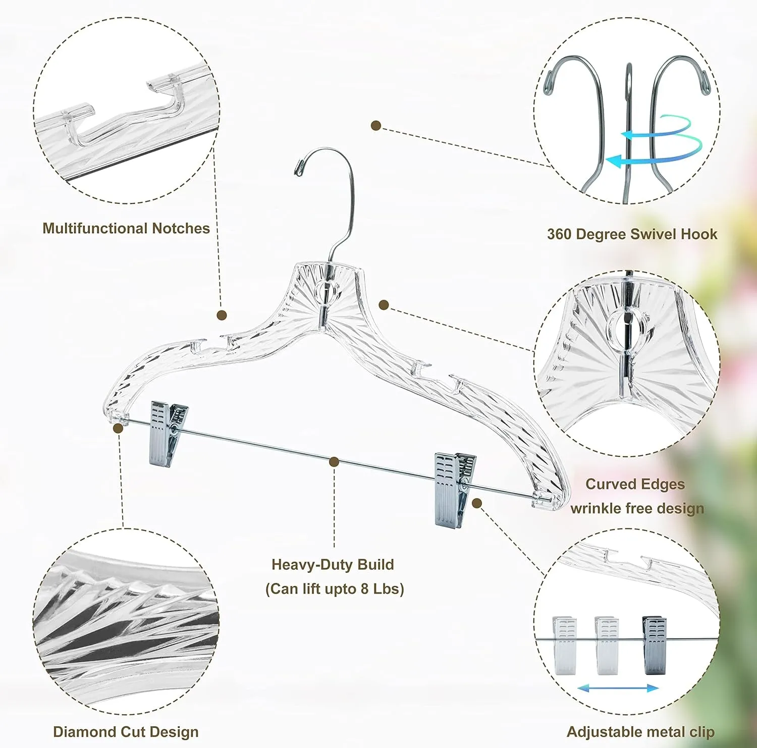 Quality Hangers 12 Pack Clear Plastic Skirt Hangers - Crystal Cut Pants Hangers - Durable Plastic Hanger Set - Dress Hangers with Adjustable Clips - Heavy Duty Hangers