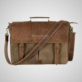 Real Leather With Canvas Laptop Briefcase Bag Shoulder Messenger Bag
