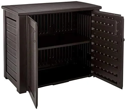 Rubbermaid Decorative Patio Chic Weather Resistant Outdoor Storage Cabinet, Black Oak