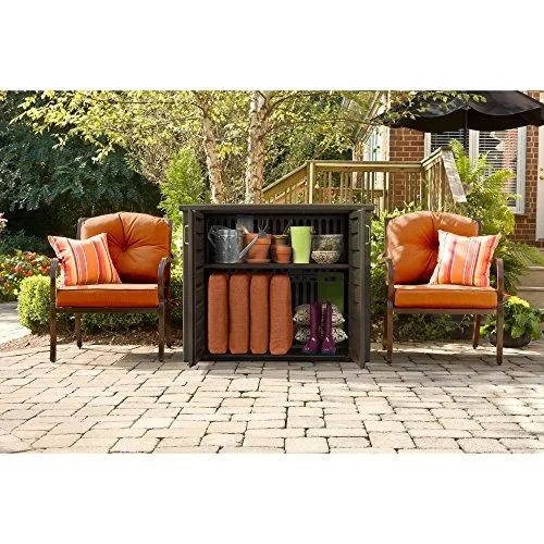 Rubbermaid Decorative Patio Chic Weather Resistant Outdoor Storage Cabinet, Black Oak