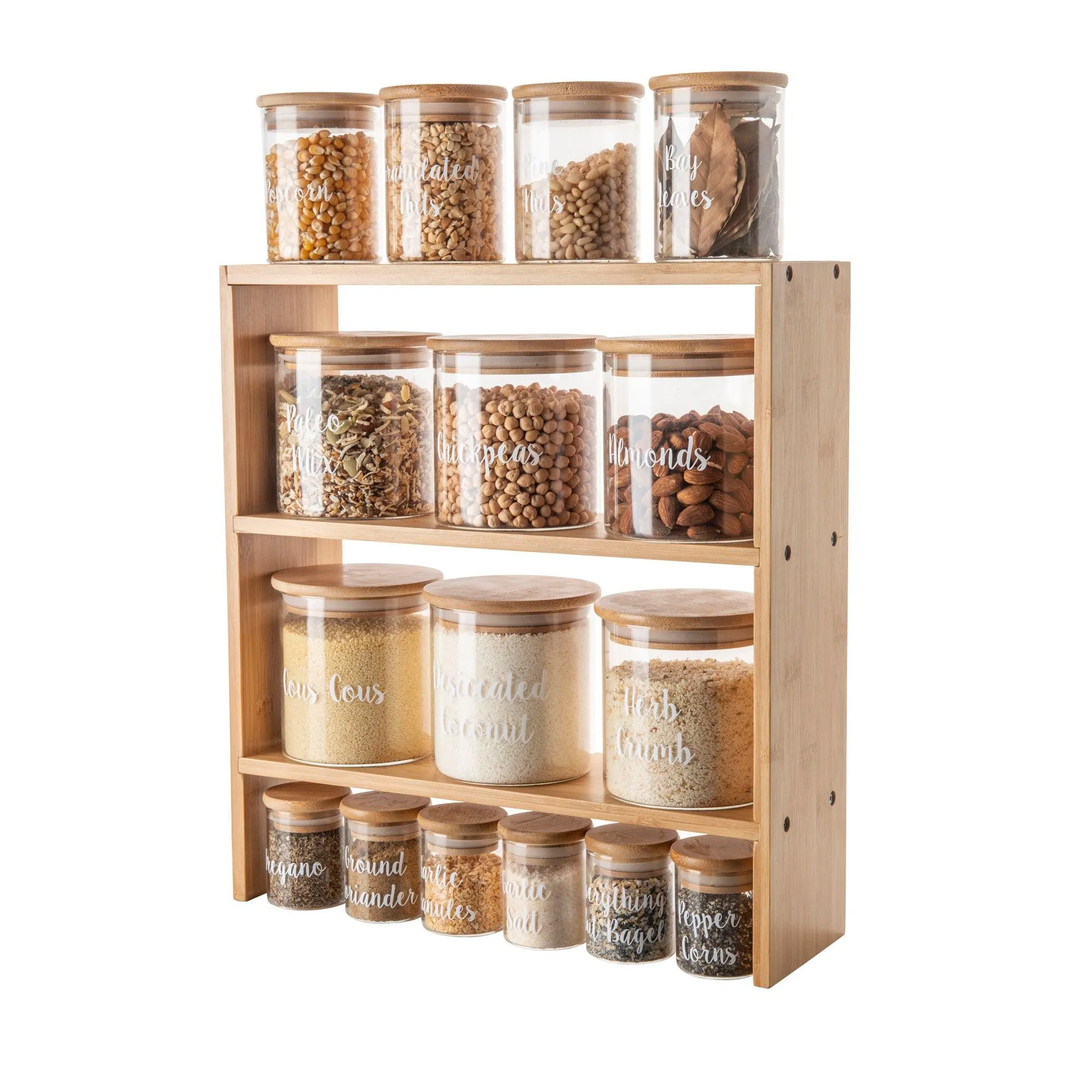 Standing 3-Tier Rack with Glass and Bamboo Spice Jar Pack