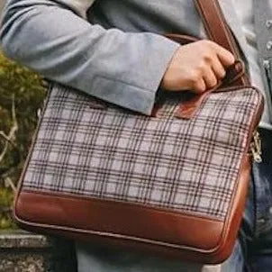 Vegan & Tweed 15.6 Inch Laptop Messenger Bag with Pouch -English Grey Checks