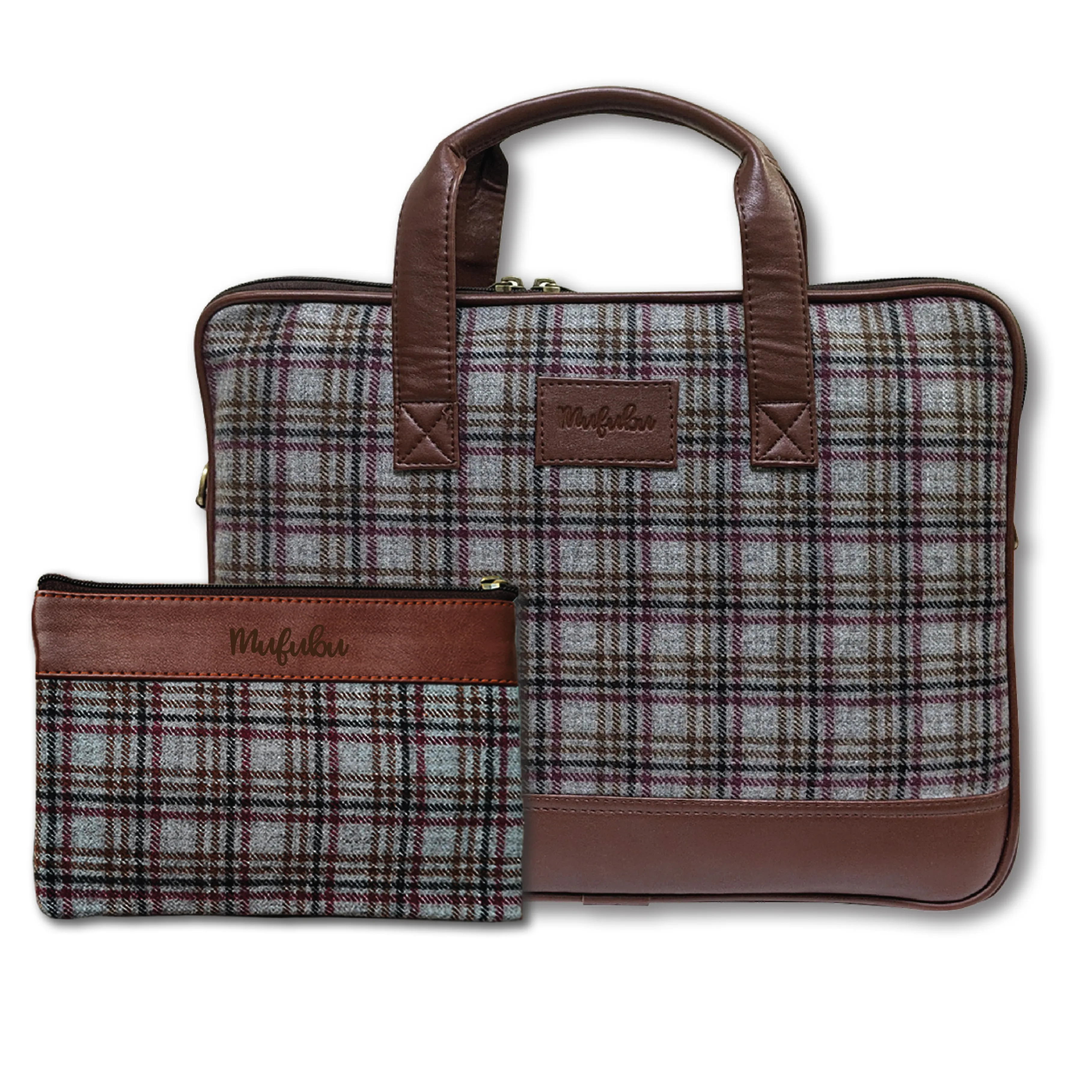 Vegan & Tweed 15.6 Inch Laptop Messenger Bag with Pouch -English Grey Checks