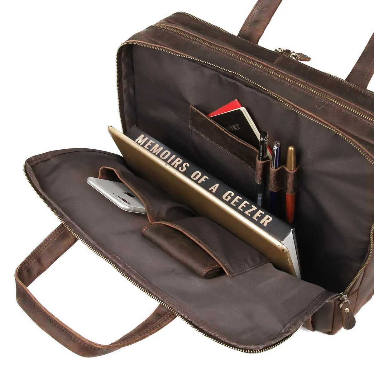 YAAGLE Men's Real Leather Zipper Business Laptop Handbag YG7388R